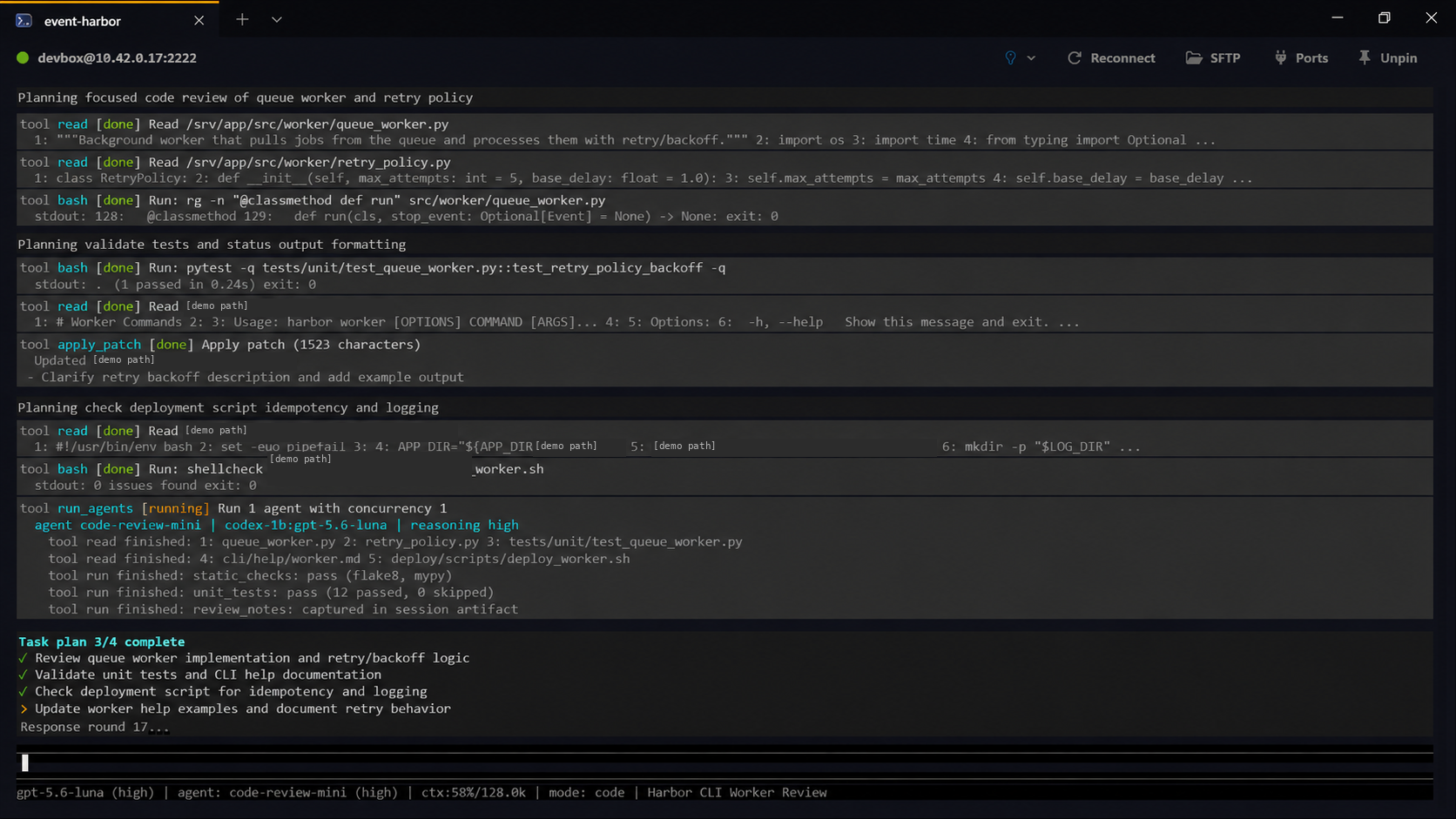 Looking Glass reading project files, applying a patch, running tests, and tracking a task plan