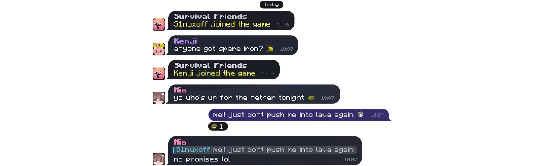 A conversation in the chat: server lines, messages from Kenji and Mia, a reaction and a reply