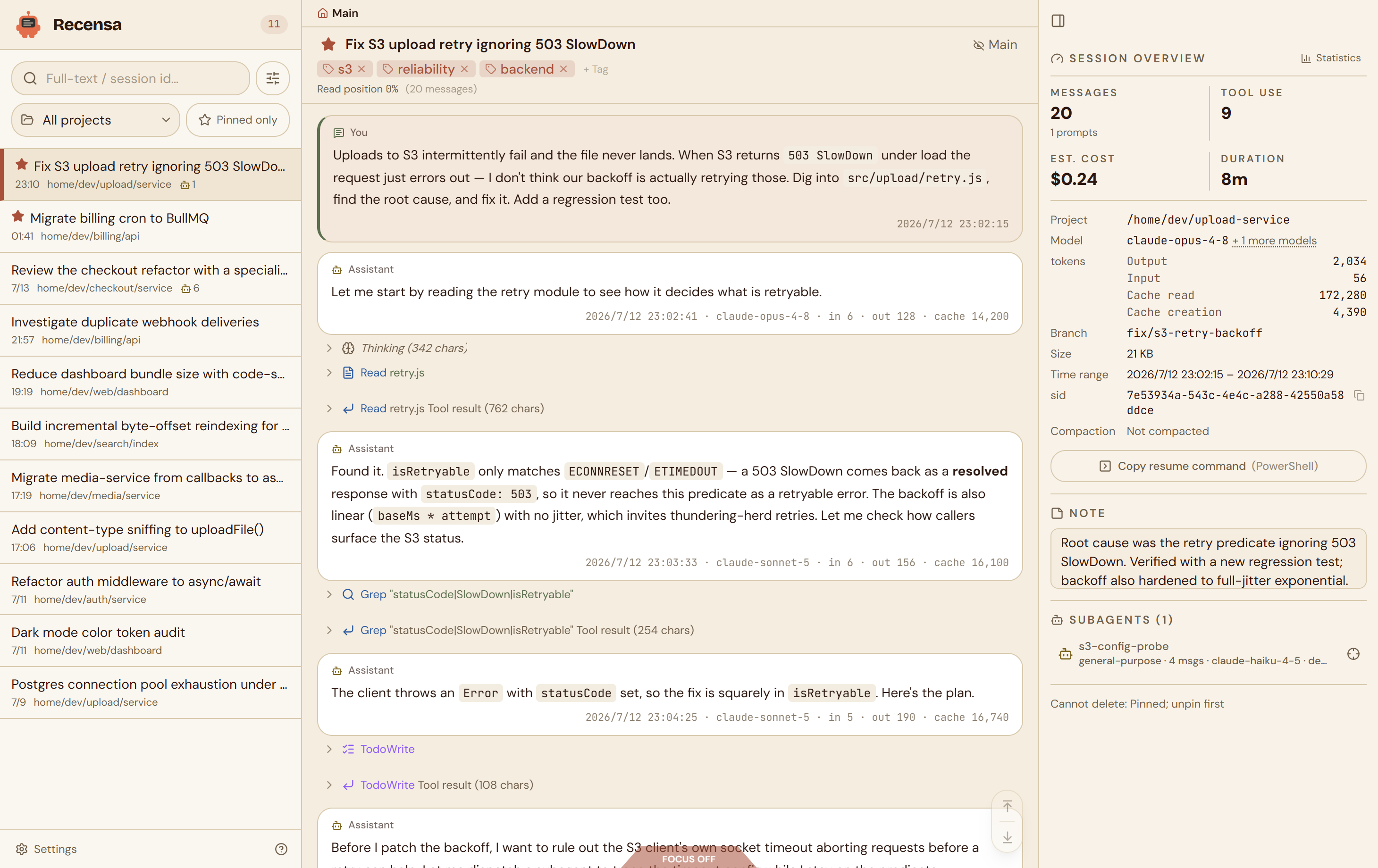 Recensa's three-pane reader: a session list on the left, a virtualized conversation stream in the middle, and a session info panel on the right
