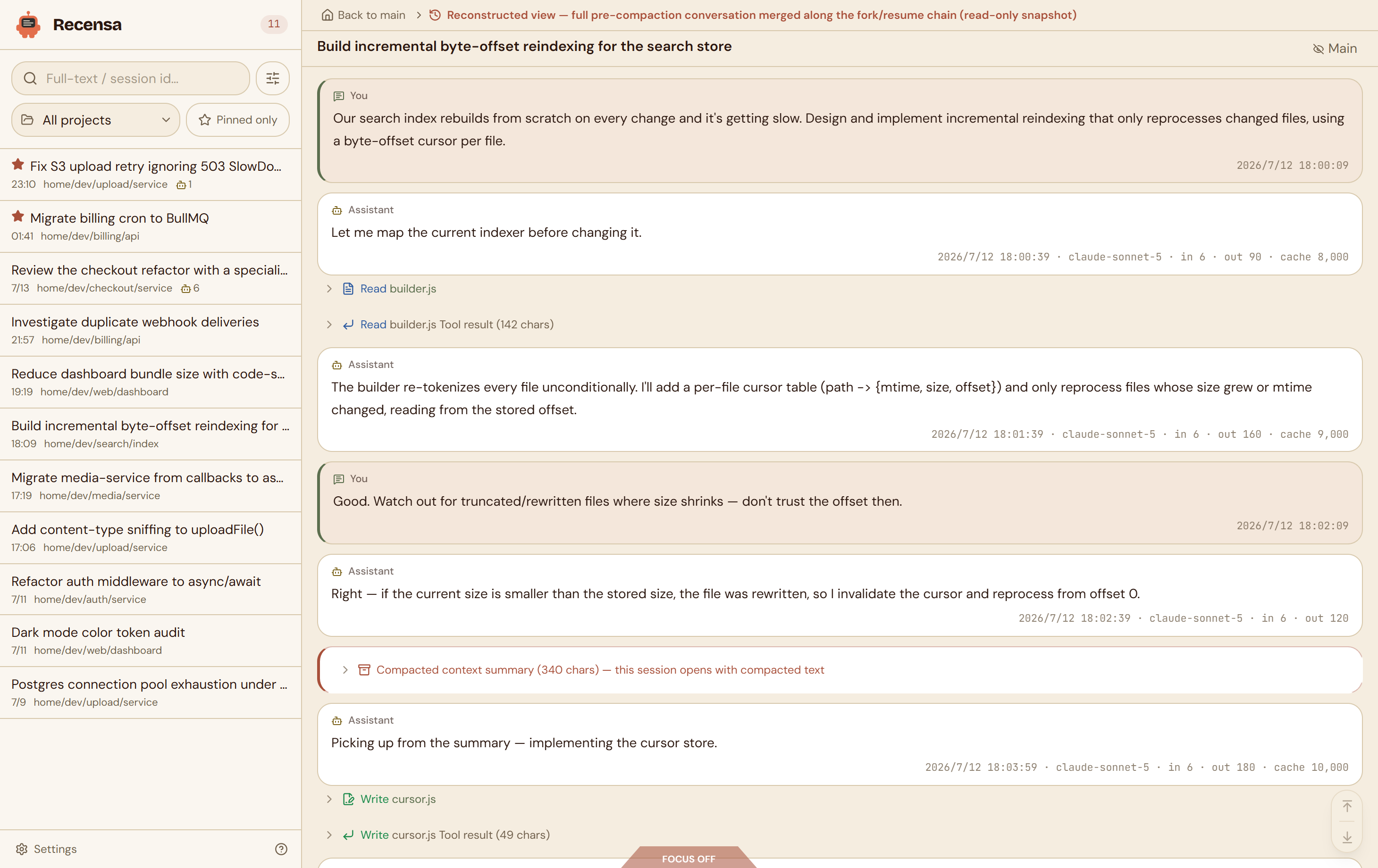 The reconstructed view: the full pre-compaction conversation merged along the fork/resume chain, presented as a read-only snapshot
