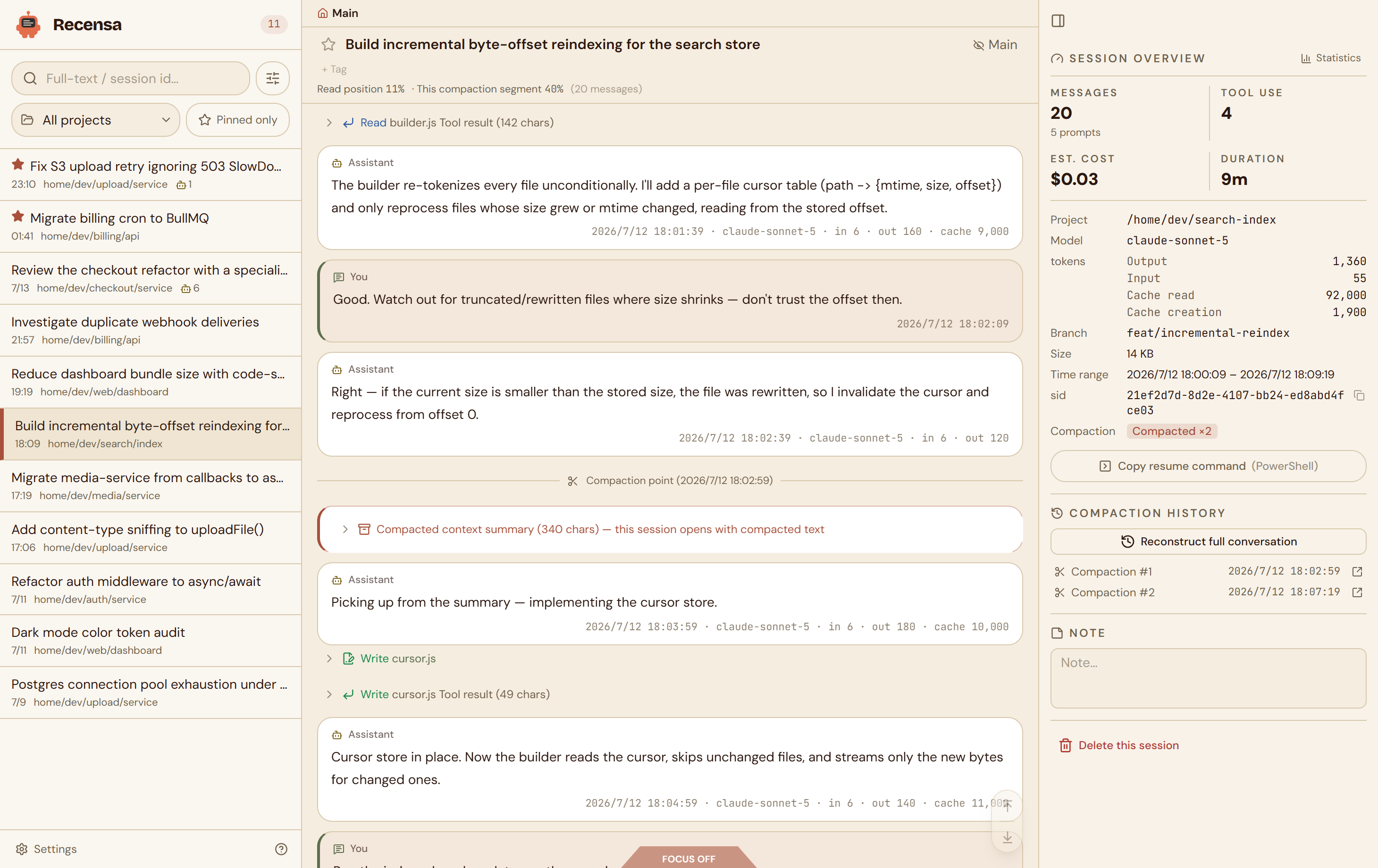 A twice-compacted session: a compaction-point landmark in the stream, the Compaction History panel with jump links to both boundaries, a Reconstruct-full-conversation button, and the breadcrumb showing the read position within the current compaction segment