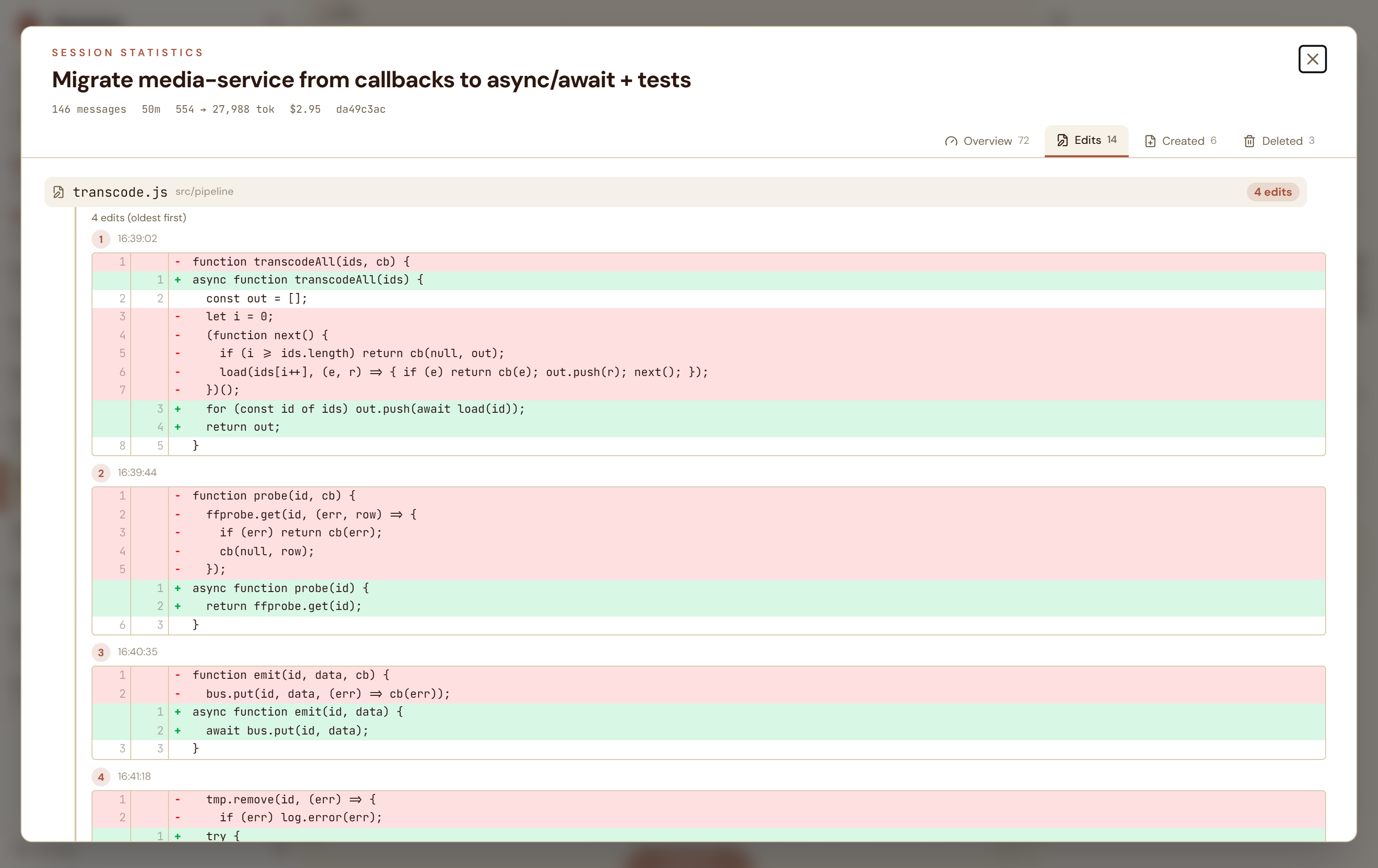 Per-file edit history rendered as unified diffs with red before and green after blocks
