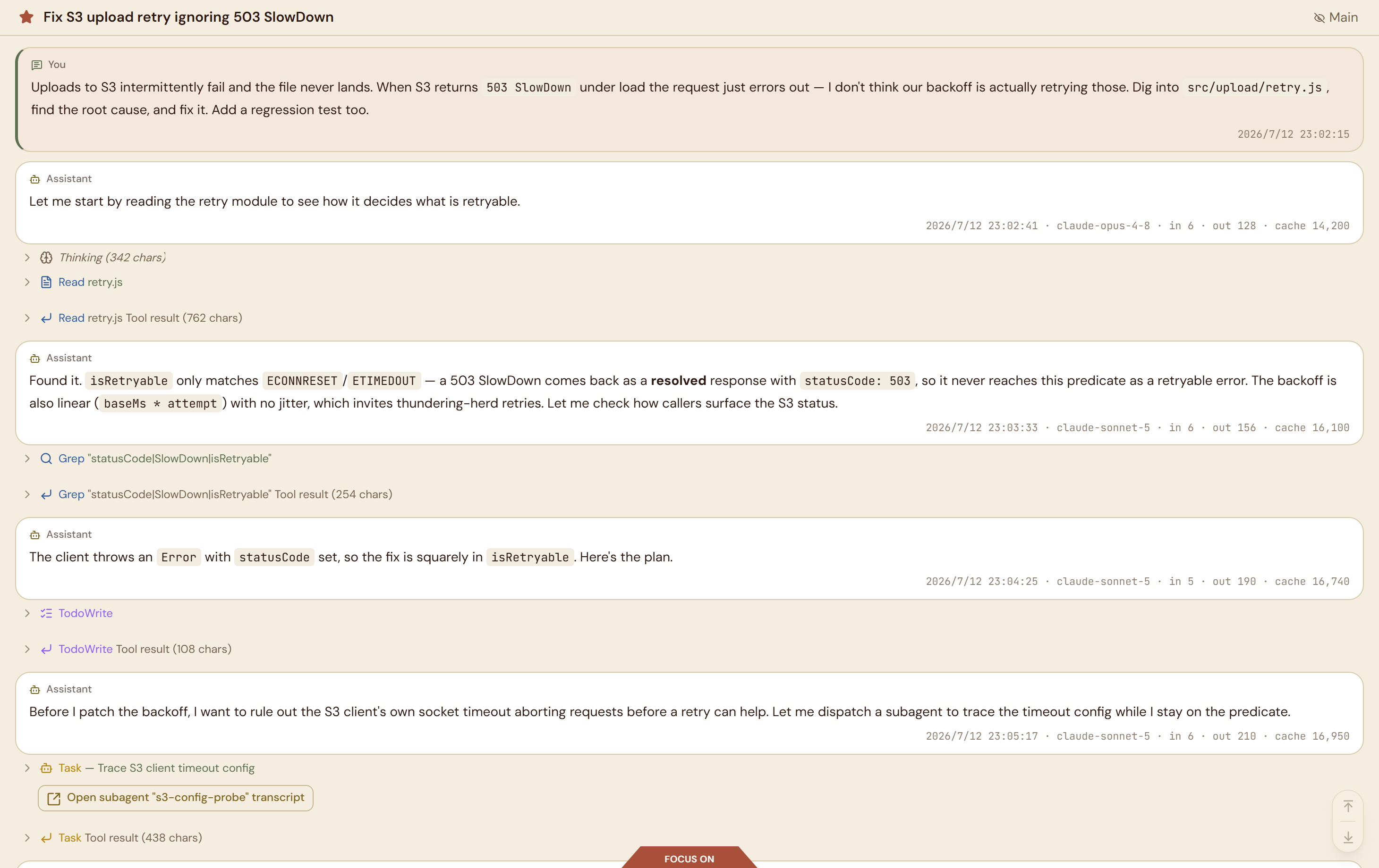 Focus mode: the side panels and header are hidden, leaving the full-width transcript with the Focus On tab at the bottom