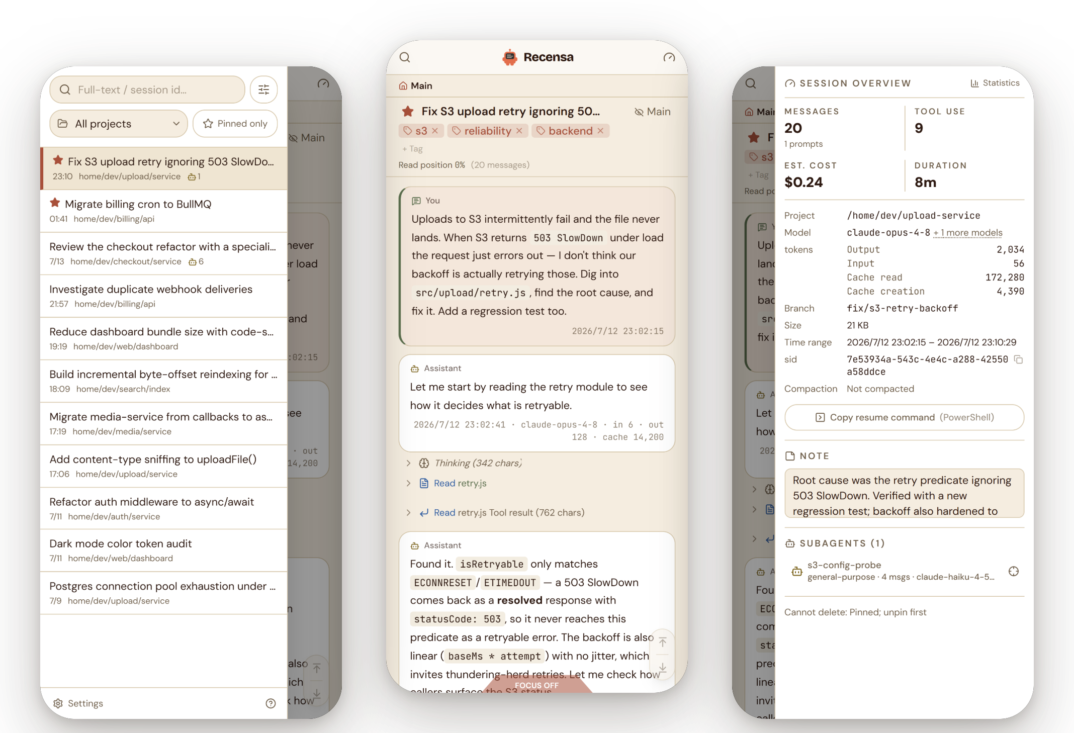 Recensa on a phone: the session list drawer on the left, the conversation in the middle, and the info panel drawer on the right