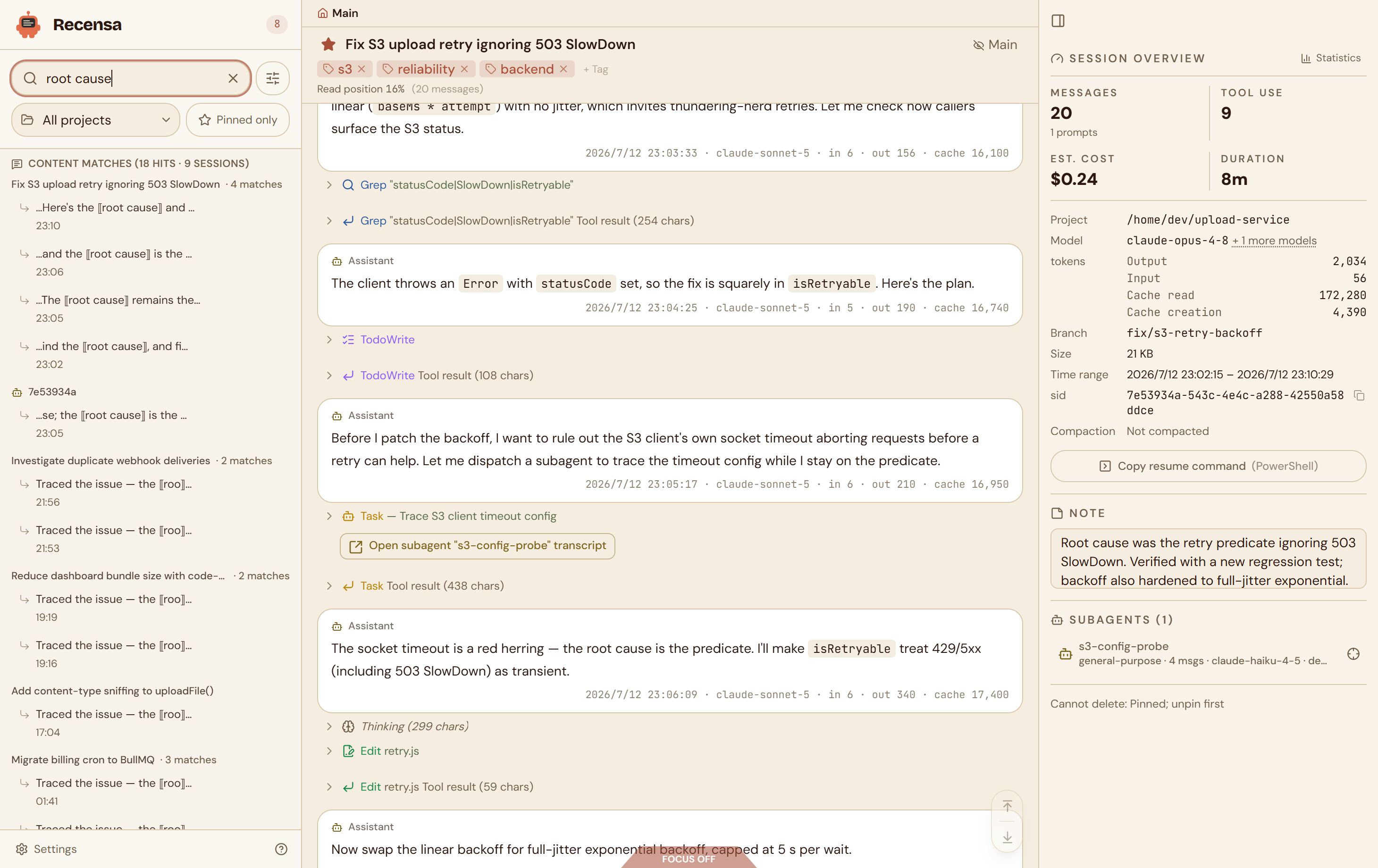 Full-text search across all sessions, with highlighted snippet matches