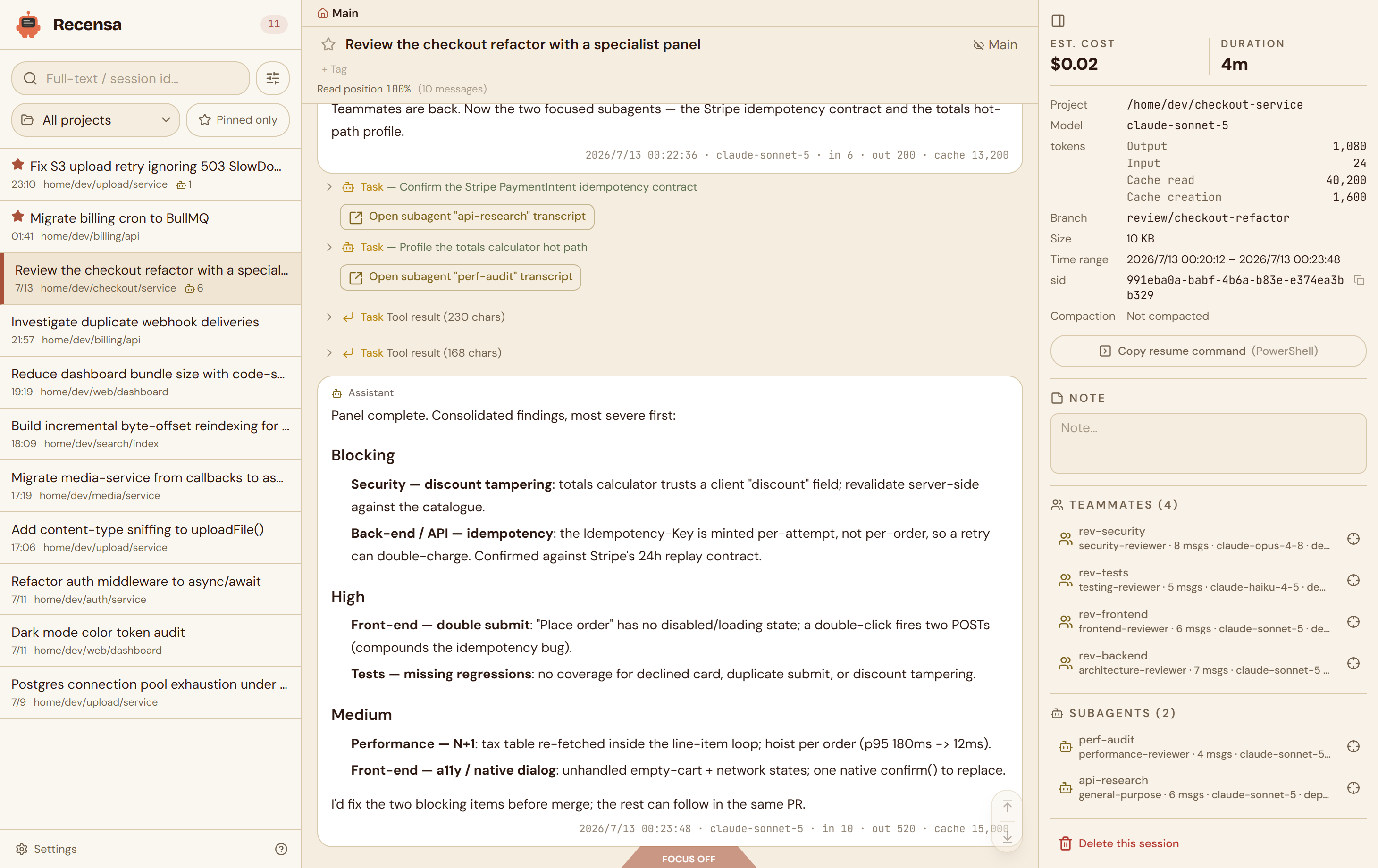 A multi-agent review session: the info panel lists four teammates and two subagents, each with agent type, message count, model, and a jump-to-call-site control; the conversation shows deep-link buttons into each spawned agent's transcript