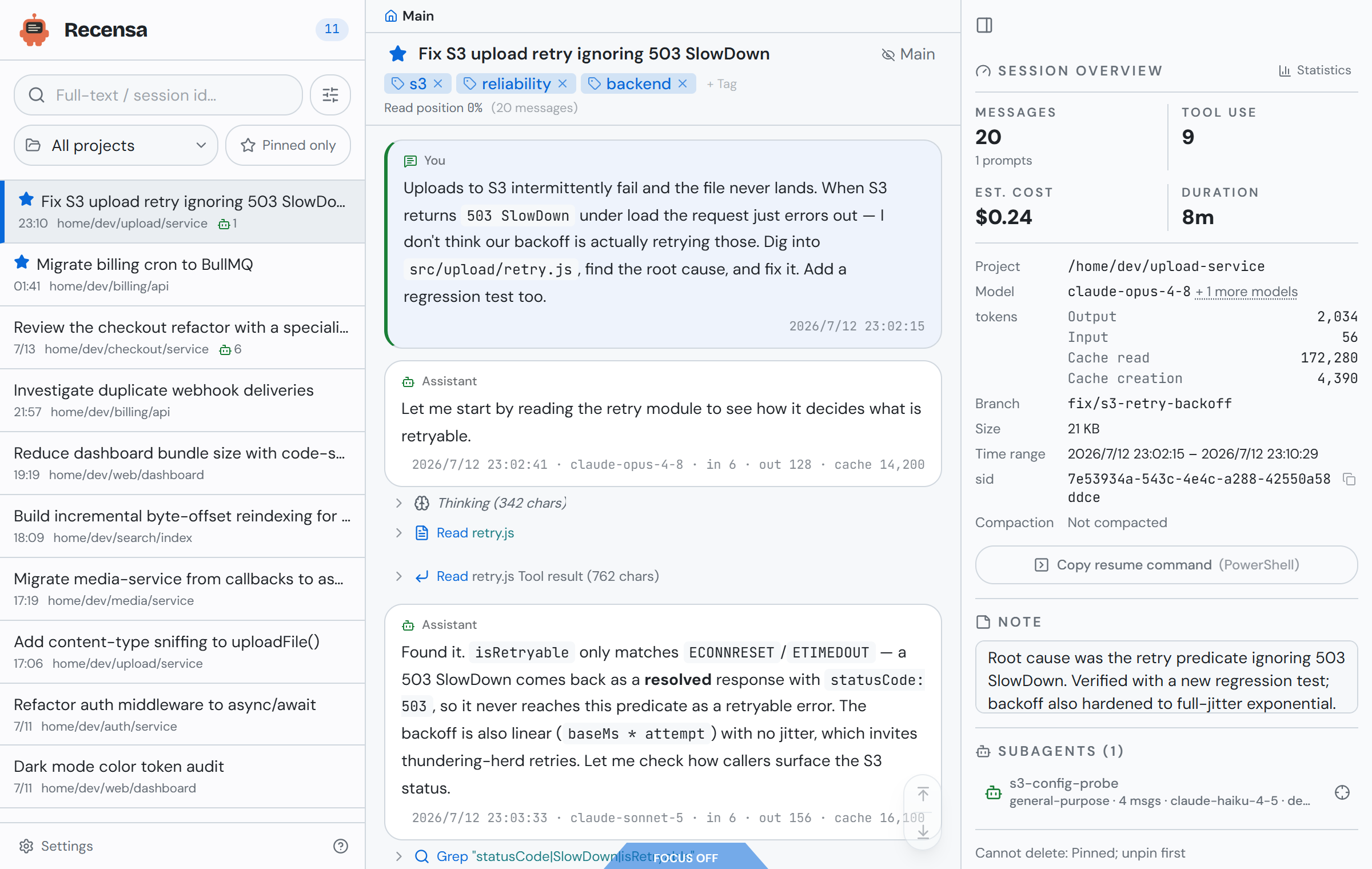 The reader in GitHub Light: pinned and tagged sessions in the list, notes and stats in the info panel