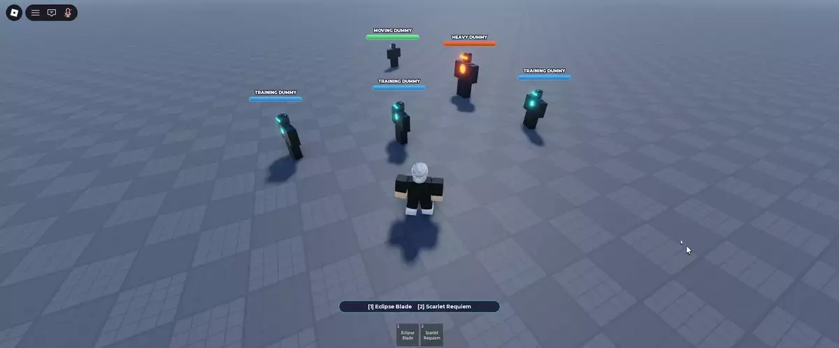 A Roblox Studio playtest of the Scarlet Requiem: the player uses its combo, Flash Step, Rift, and Lotus attacks on training, moving, and heavy dummies, then casts Requiem, a red domain that slashes every dummy inside it, with ability cooldowns in the hotbar