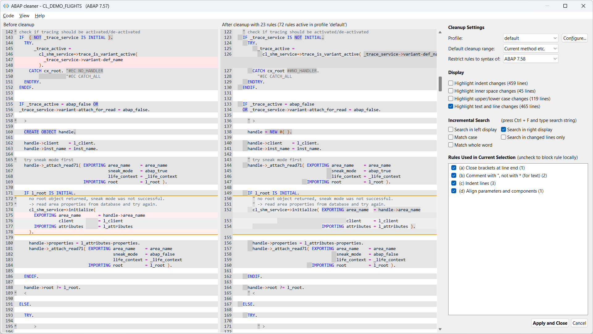 ABAP cleaner interactive cleanup - main window