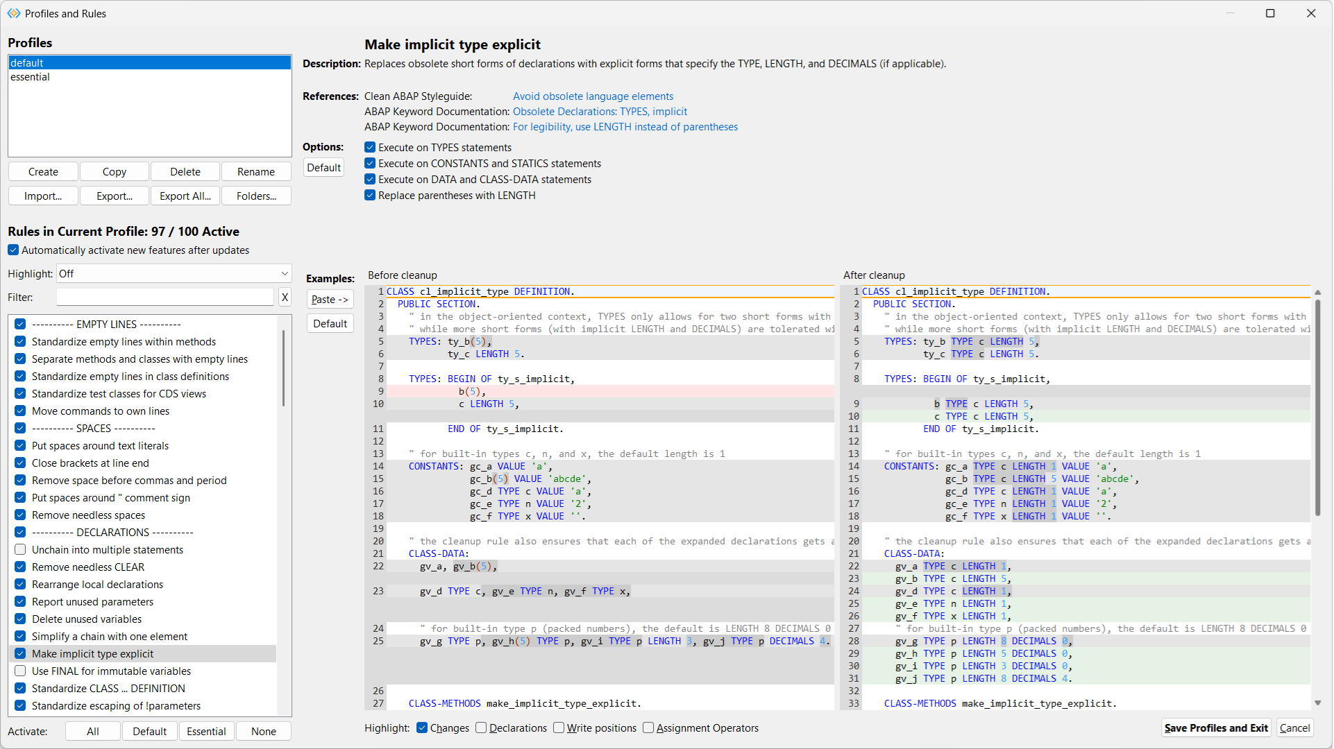 ABAP cleaner - profiles and rules window