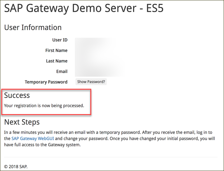 Gateway Web sign up success