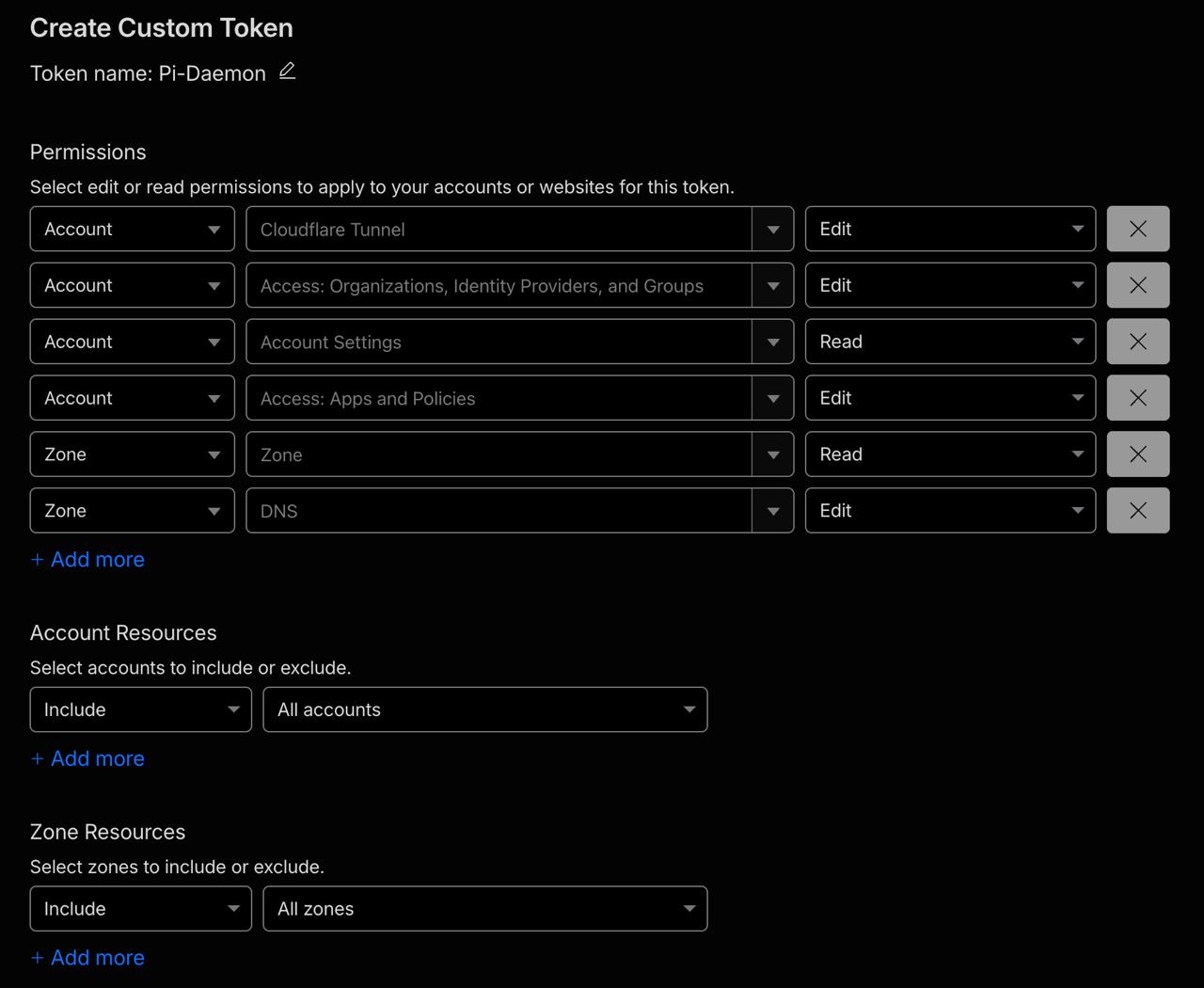 Cloudflare custom API token permission setup