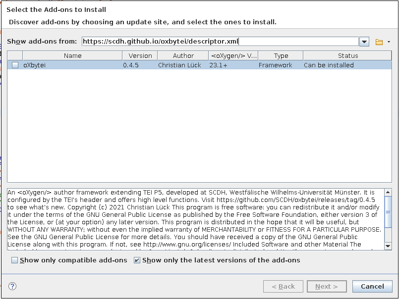 Dialog "Install new addons"