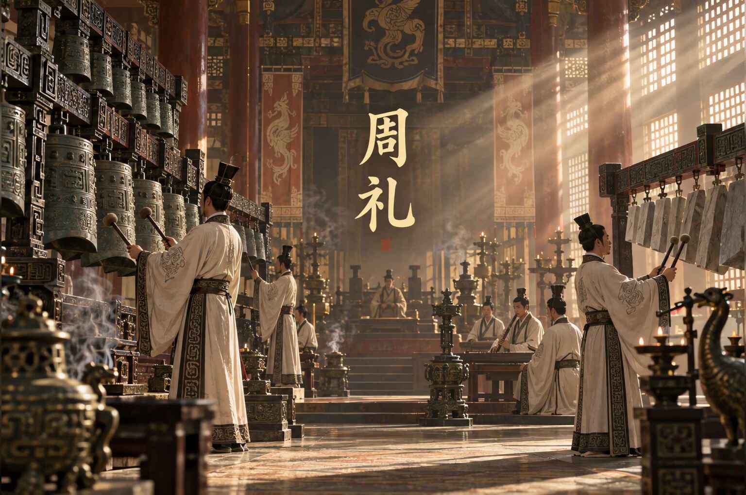 編鐘列於左,編磬列於右,王居其中