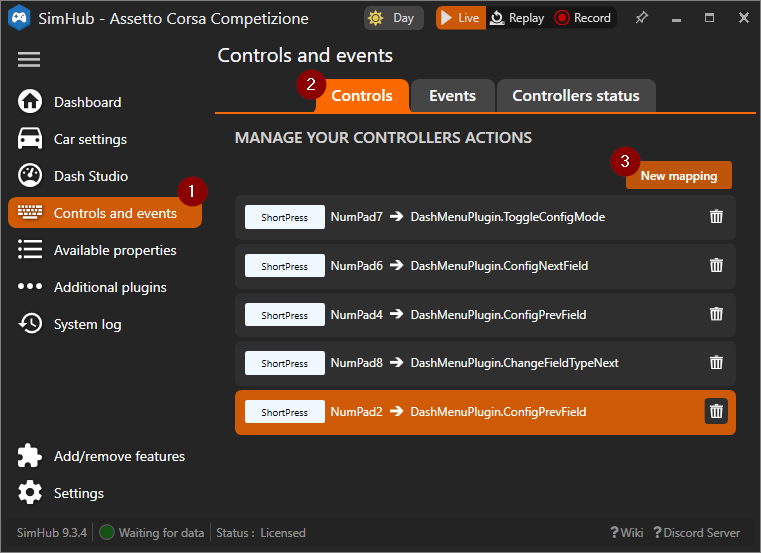 Select "Controls and events" menu then "Controls" tab and click the "New mapping" button.