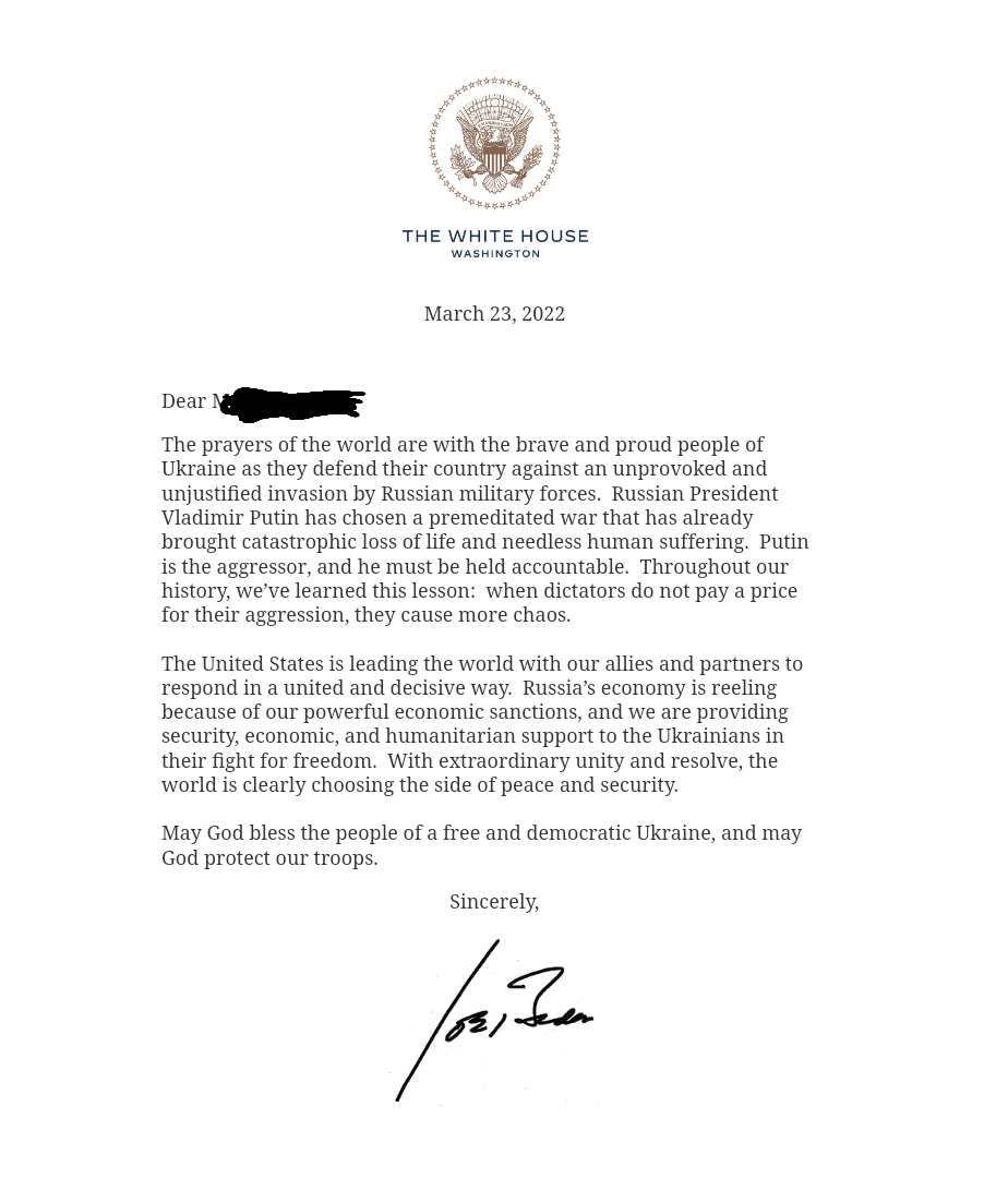 Letter from President Joe Biden, March 23 2022