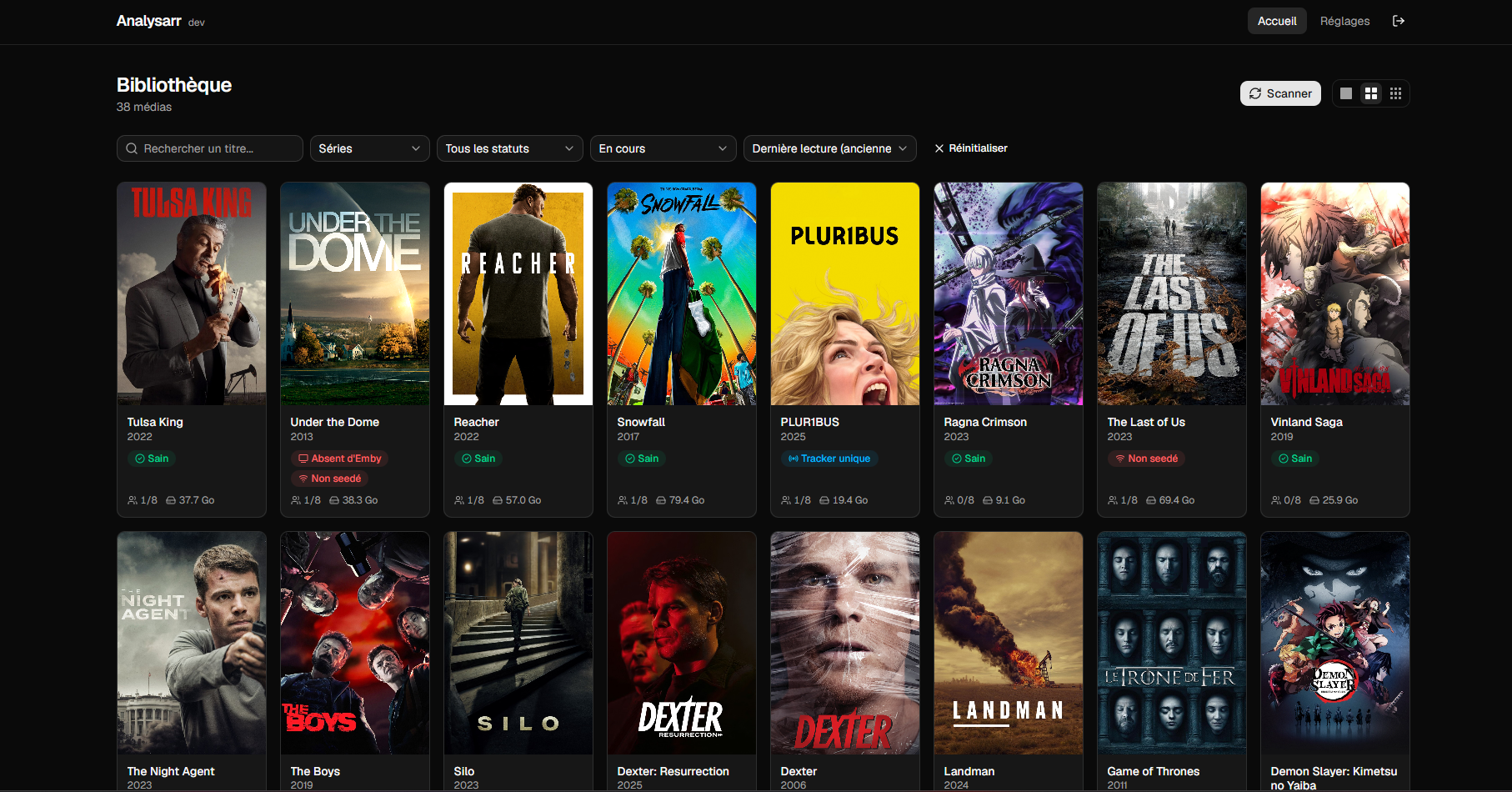 Library: series currently being watched, with health statuses, watch quota and size