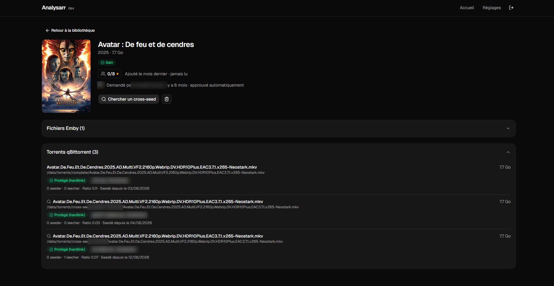 Media page: Seer request, watch activity and hardlinked torrents across trackers