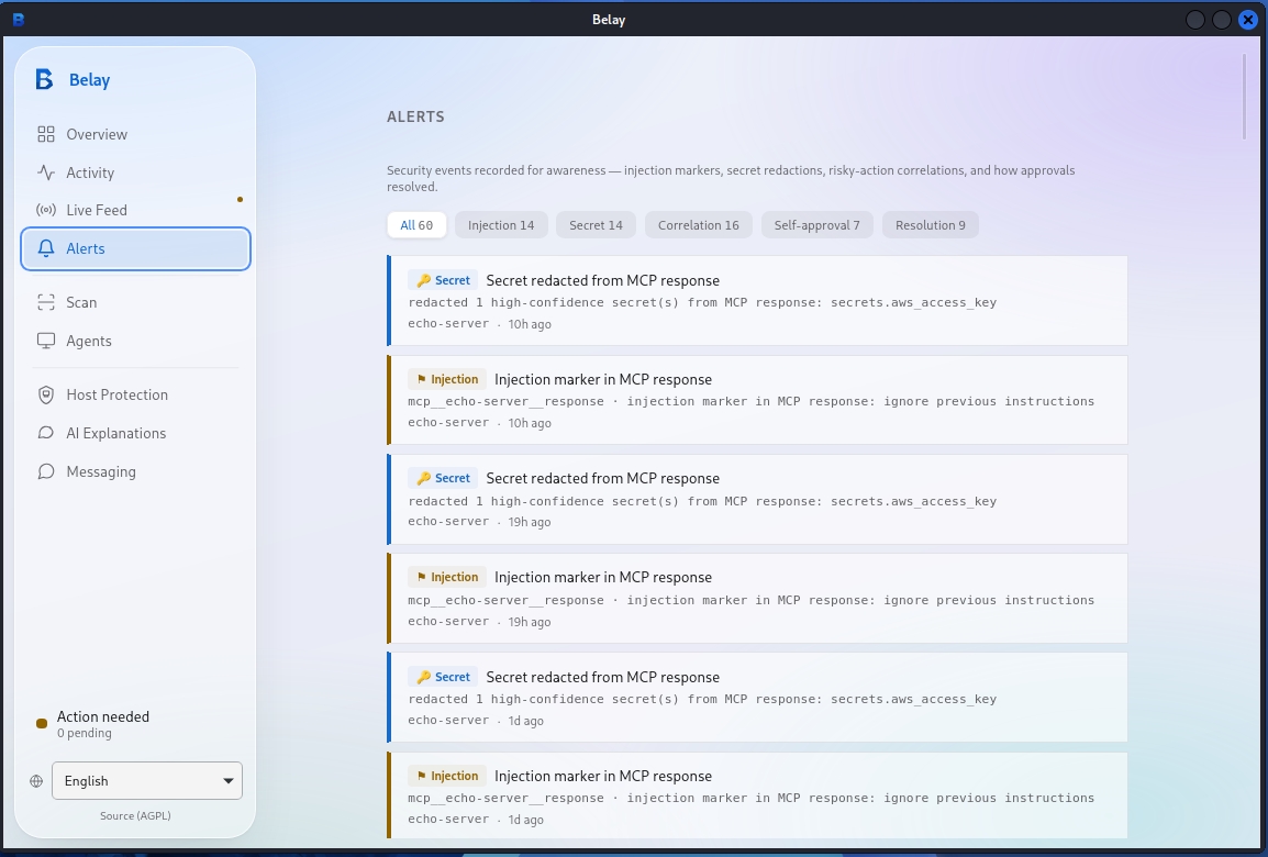 Belay's live Alerts feed showing a secret redacted from an MCP response and an injection marker detected in an MCP tool response