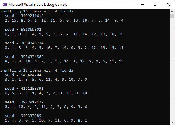 The console output of the program, showing lists of numbers shuffled using different seeds.