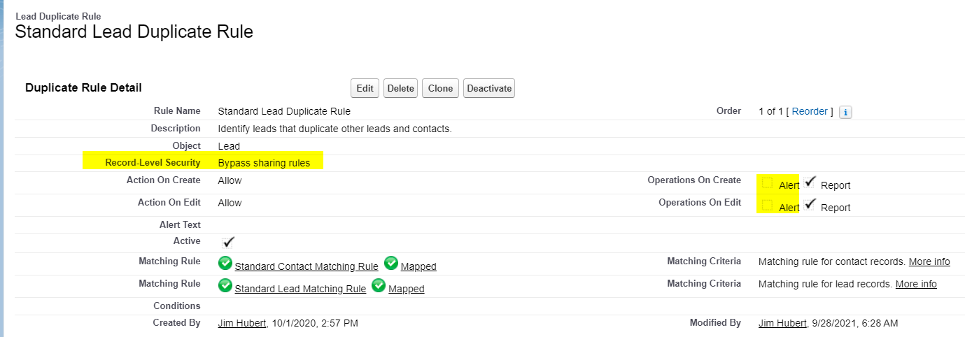 Lead Duplicate Rule Settings