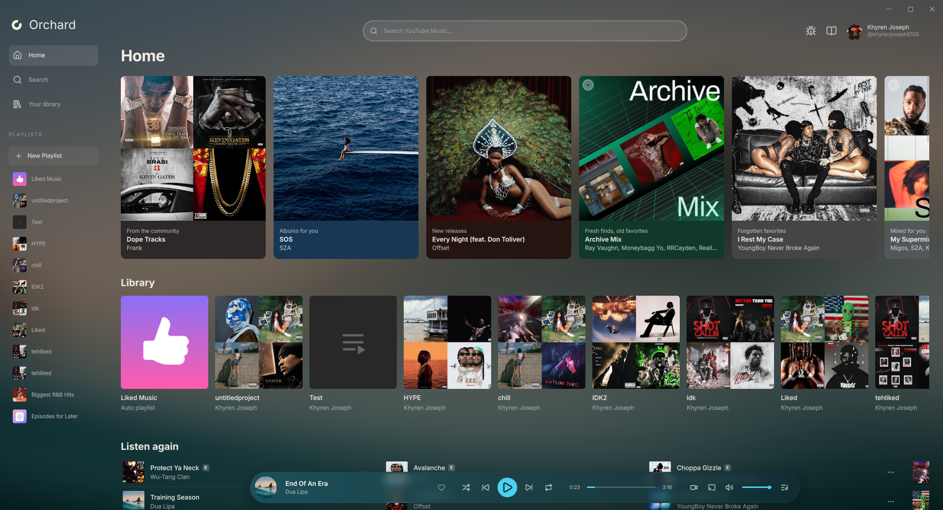 Orchard desktop Home with recommendations, playlists, and the player bar