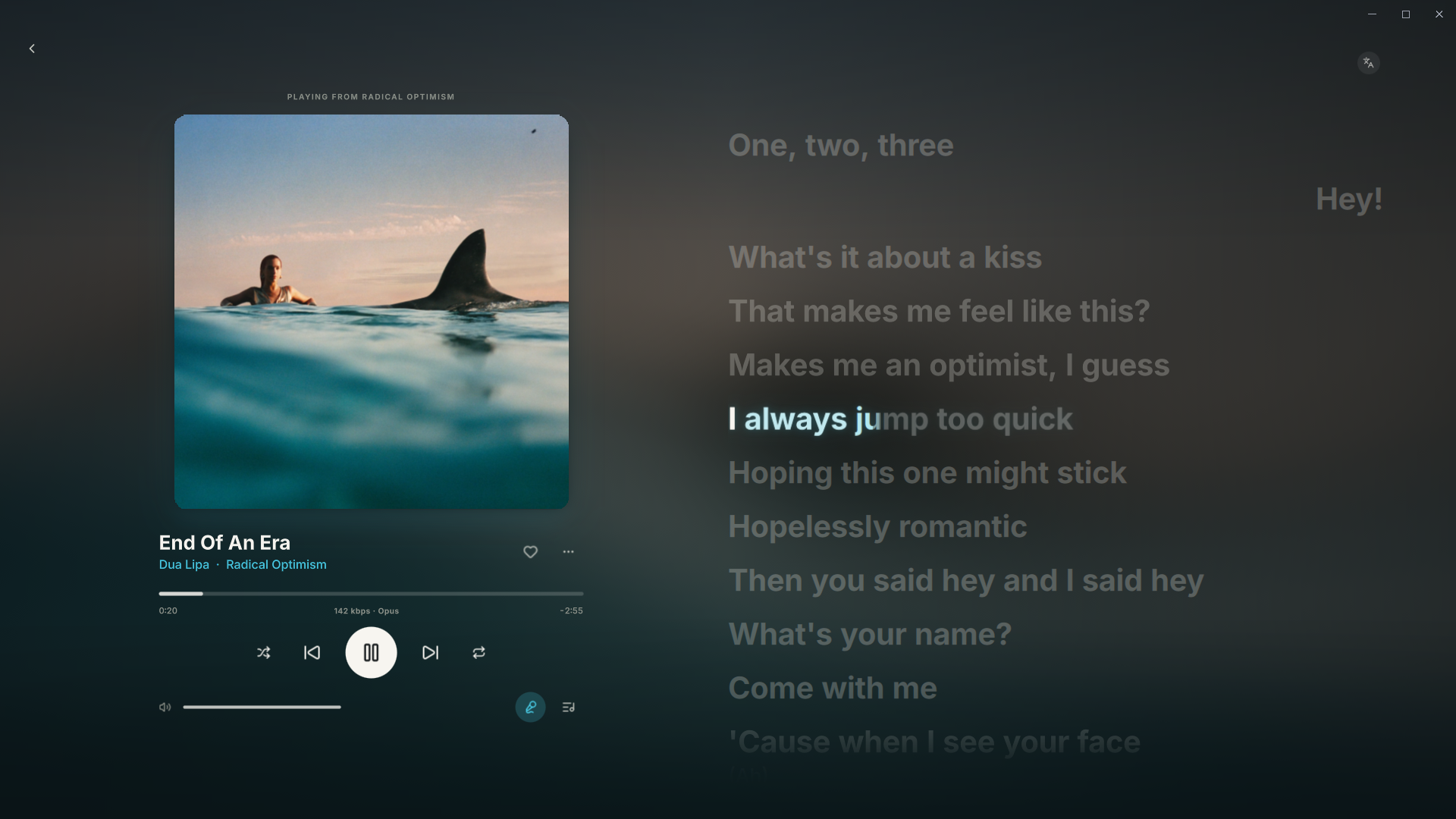 Fullscreen player with album artwork and synced lyrics