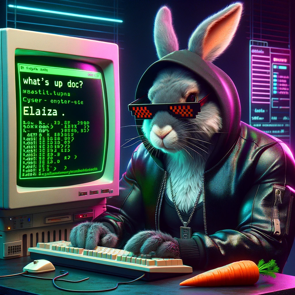 A cyberpunk-themed scene with a sleeker, less muscular hacker bunny wearing dark glasses, a stylish futuristic hoodie, and a visible black tank top beneath. The bunny, now with a slimmer, more toned build, exhibits a concentrated look as it types on an old-fashioned computer terminal. A half-eaten orange carrot is next to the keyboard. The scene is vibrantly lit with neon lights, enhancing the cyberpunk ambiance. A speech bubble above the bunny reads 'What's up Doc?' in a bold, cyber font, and the screen displays 'ELAIZA' in green monospaced font.
