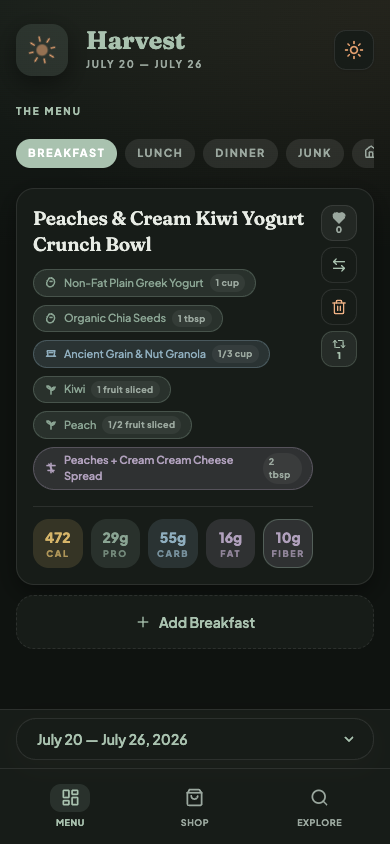 Harvest menu on mobile
