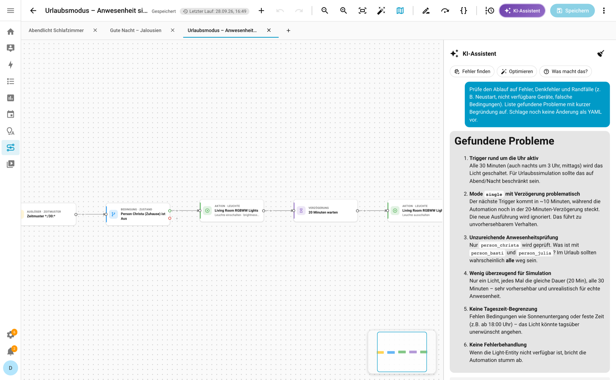 The AI assistant lists problems in the open flow.