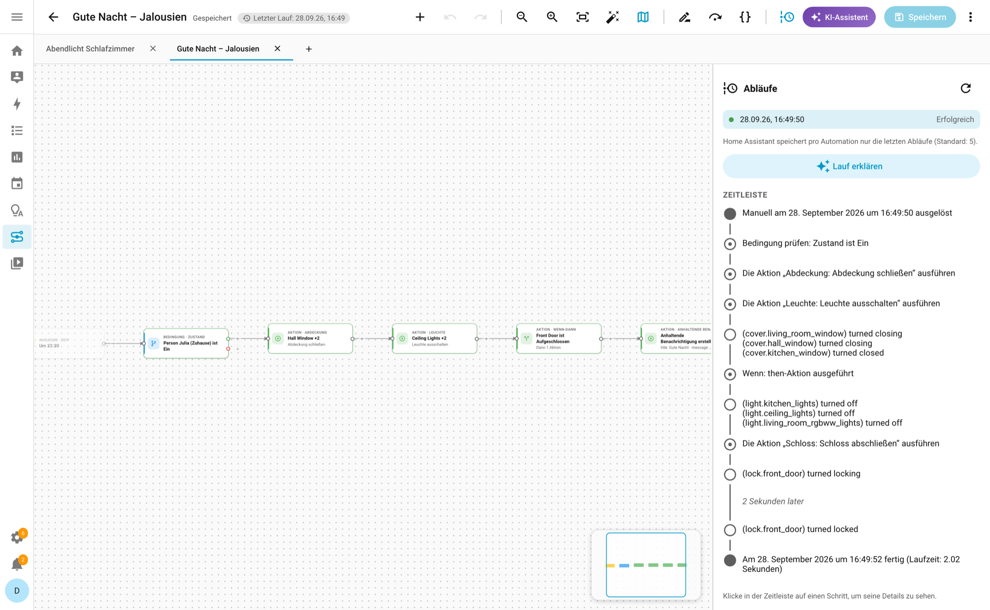 A real run: Home Assistant's trace timeline and the steps that ran highlighted on the canvas.