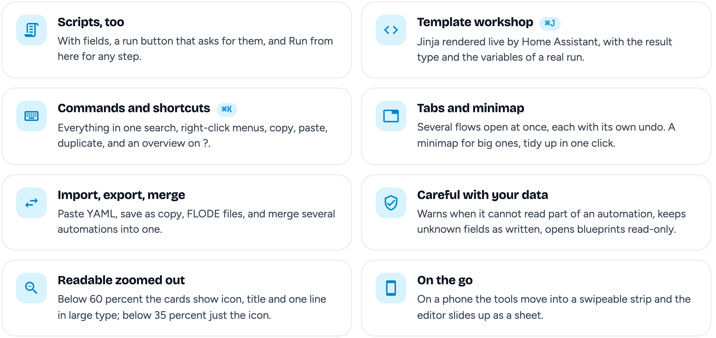 Scripts, too: with fields, a run button that asks for them, and Run from here for any step. Template workshop (⌘J): Jinja rendered live by Home Assistant, with the result type and the variables of a real run. Commands and shortcuts (⌘K): everything in one search, right-click menus, copy, paste, duplicate, and an overview on ?. Tabs and minimap: several flows open at once, each with its own undo, a minimap for big ones, tidy up in one click. Import, export, merge: paste YAML, save as copy, FLODE files, and merge several automations into one. Careful with your data: warns when it cannot read part of an automation, keeps unknown fields as written, opens blueprints read-only. Readable zoomed out: below 60 percent the cards show icon, title and one line in large type, below 35 percent just the icon. On the go: on a phone the tools move into a swipeable strip and the editor slides up as a sheet.