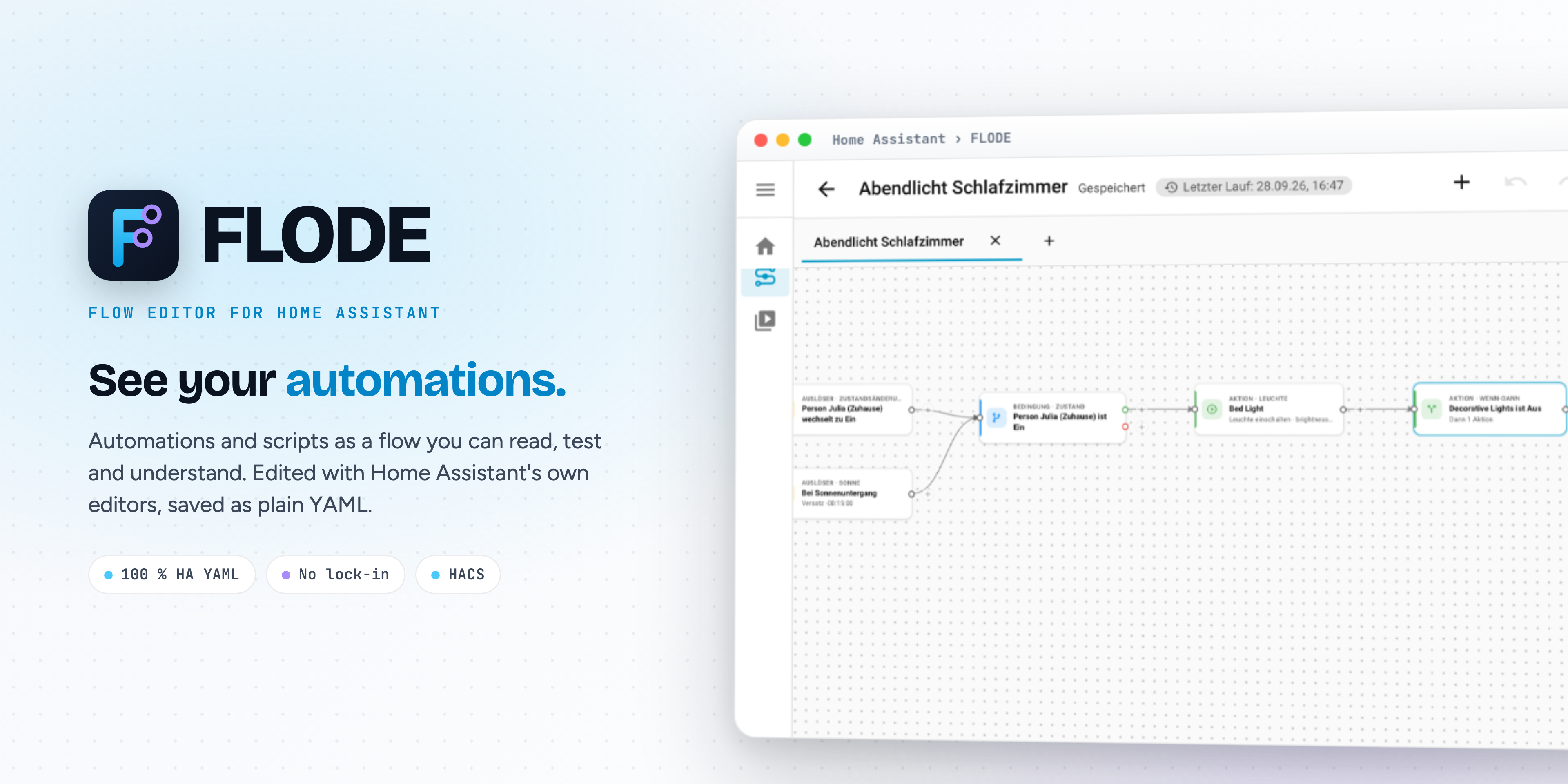 FLODE: See your automations. The editor inside Home Assistant with a flow of two triggers, a condition and actions.
