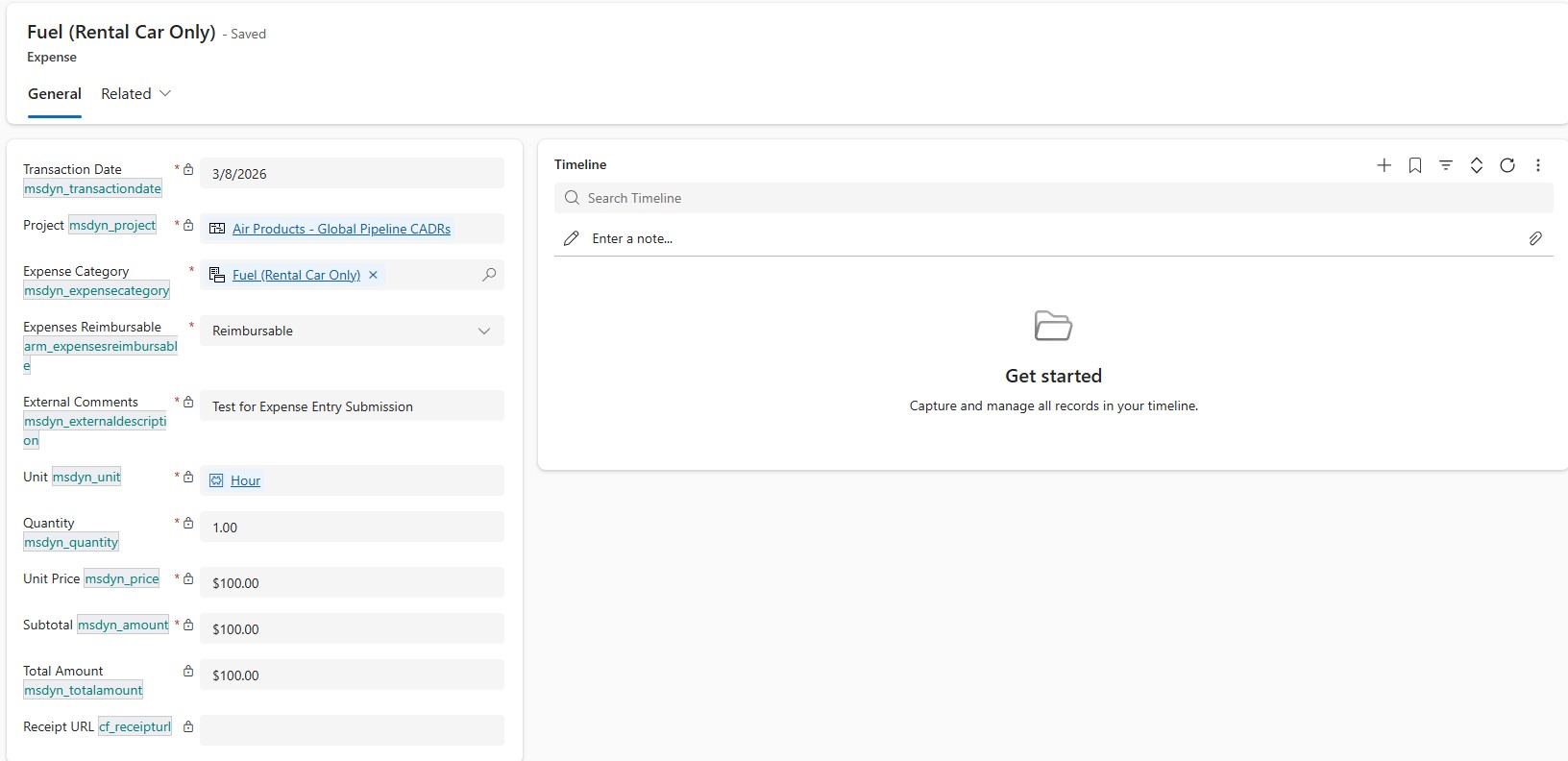 A Submitted Expense Entry Record