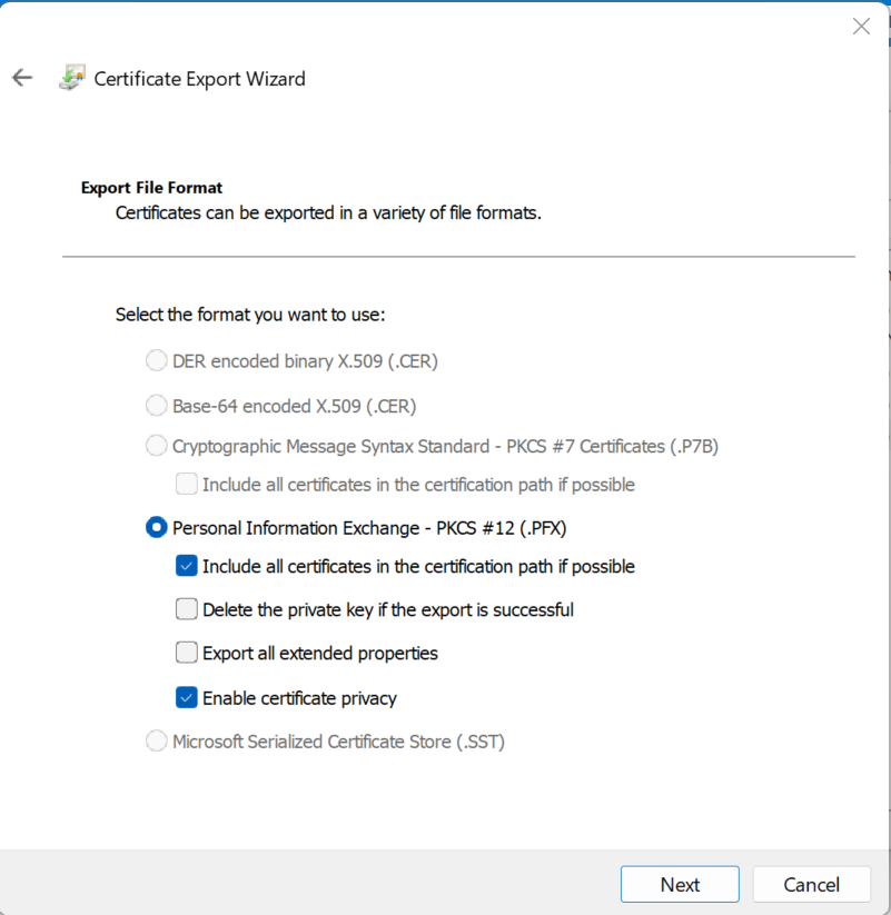 PFX export format