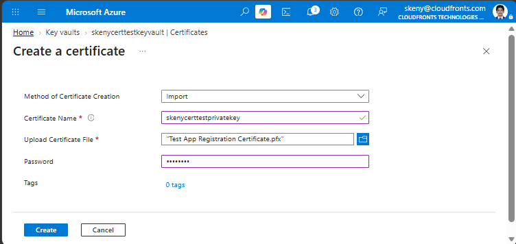 Azure Key Vault certificate import