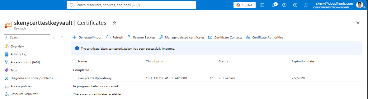Certificate imported into Key Vault