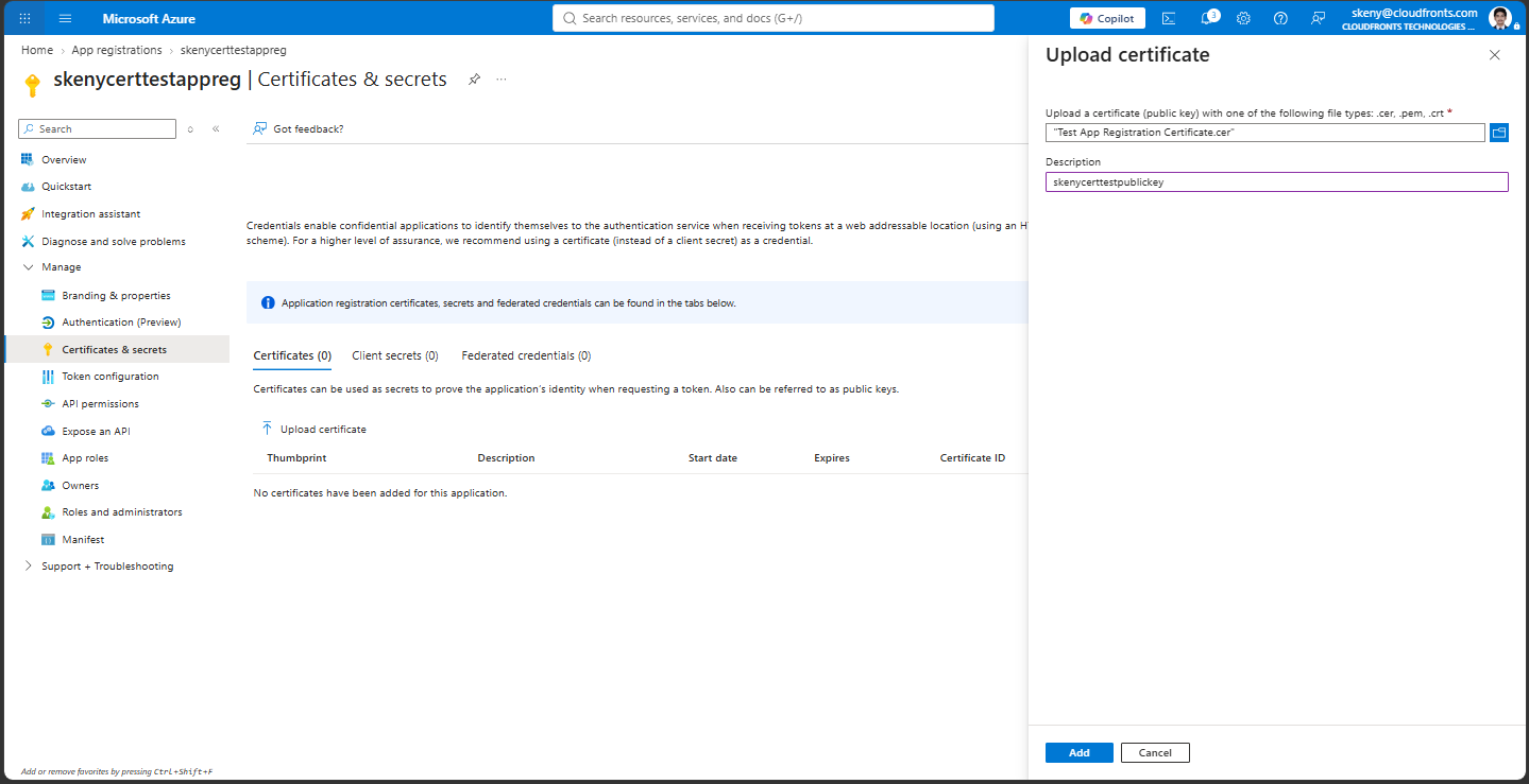 App Registration certificate upload
