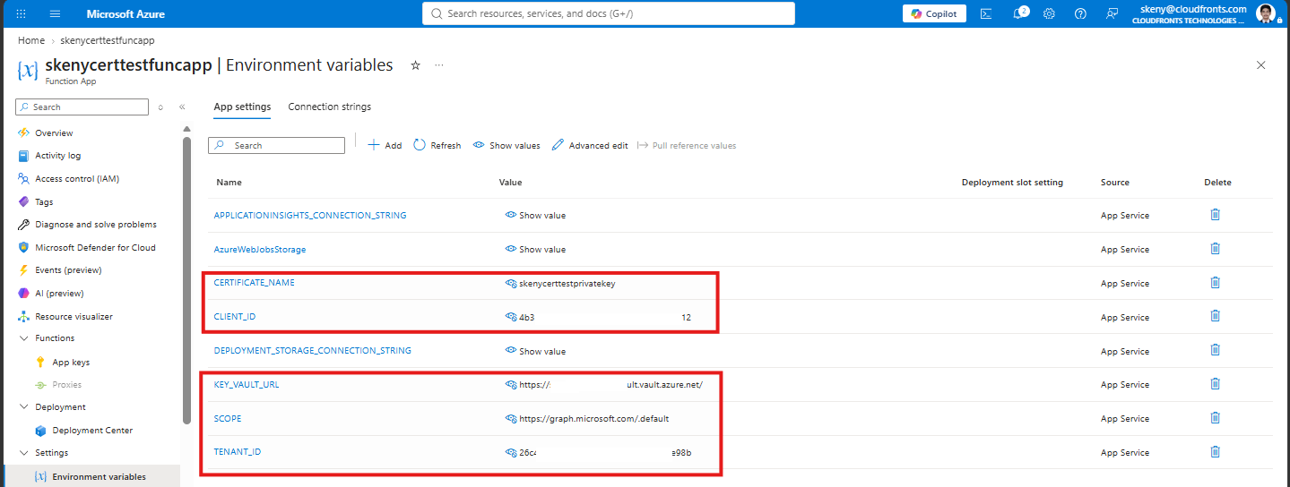 Function App environment variables