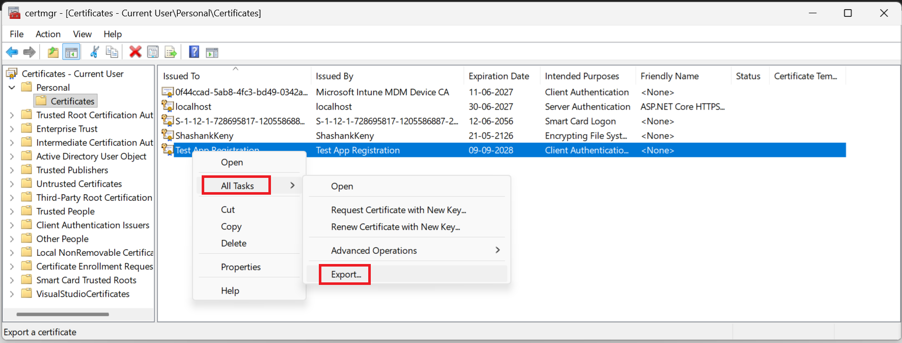 Starting Certificate Export Wizard