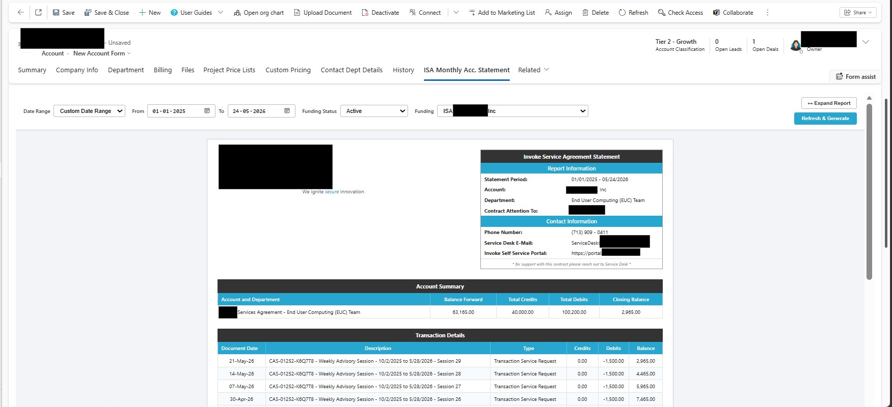 Real-time financial statement reporting dashboard inside Microsoft Dynamics 365 Project Operations
