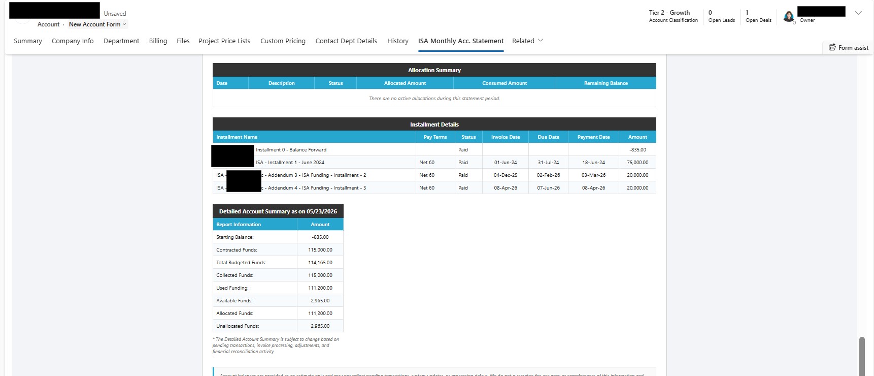 Real-time financial statement reporting dashboard inside Microsoft Dynamics 365 Project Operations