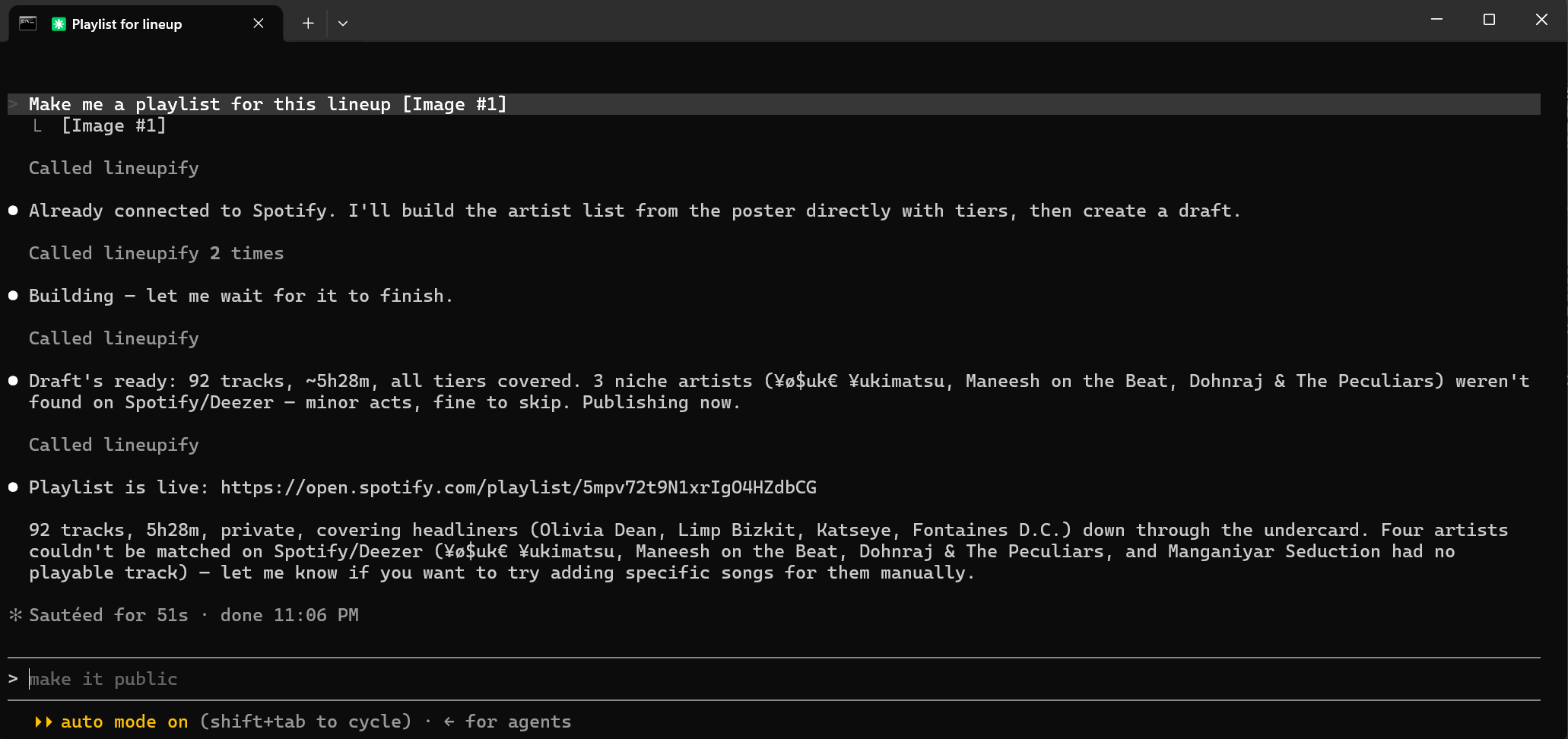 A Claude Code session: a festival poster is attached, Lineupify builds a 92-track draft and publishes it, and the assistant reports the four acts it could not match