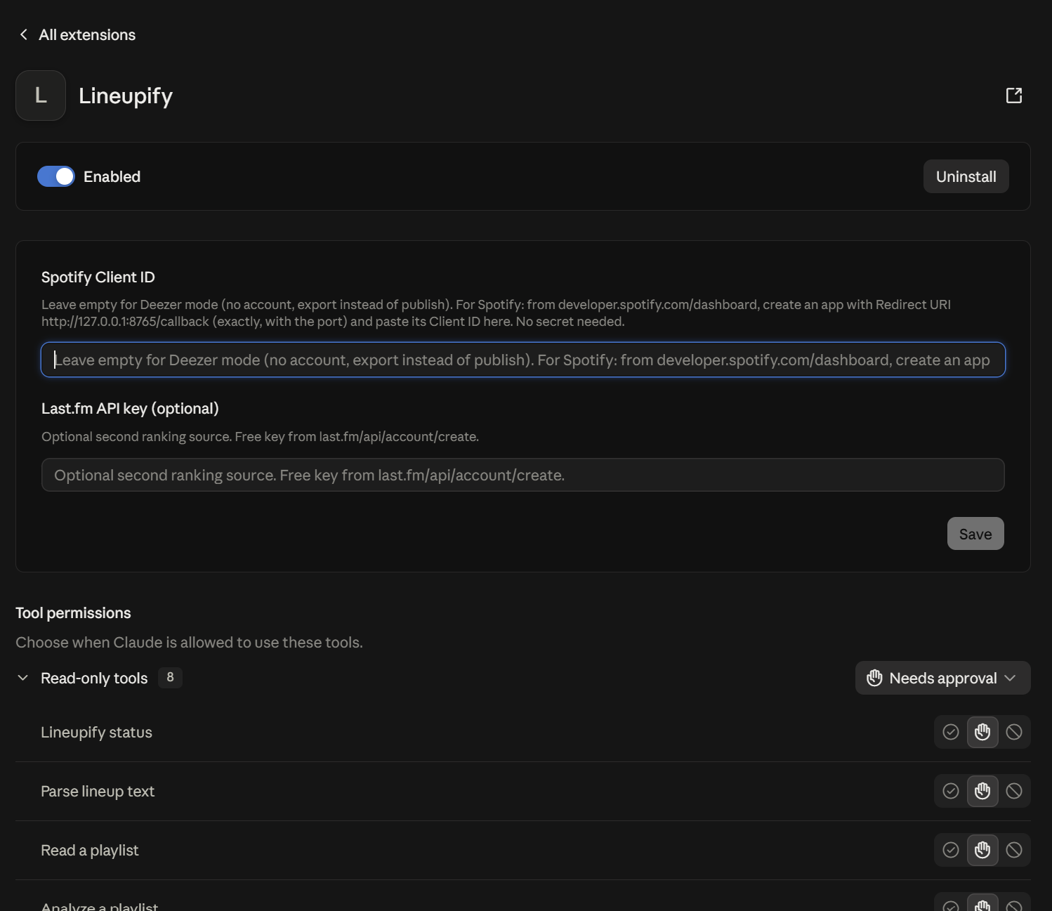 The Lineupify extension page in Claude Desktop: Spotify Client ID field (leave empty for Deezer mode), optional Last.fm key, and per-tool permissions with read-only tools grouped