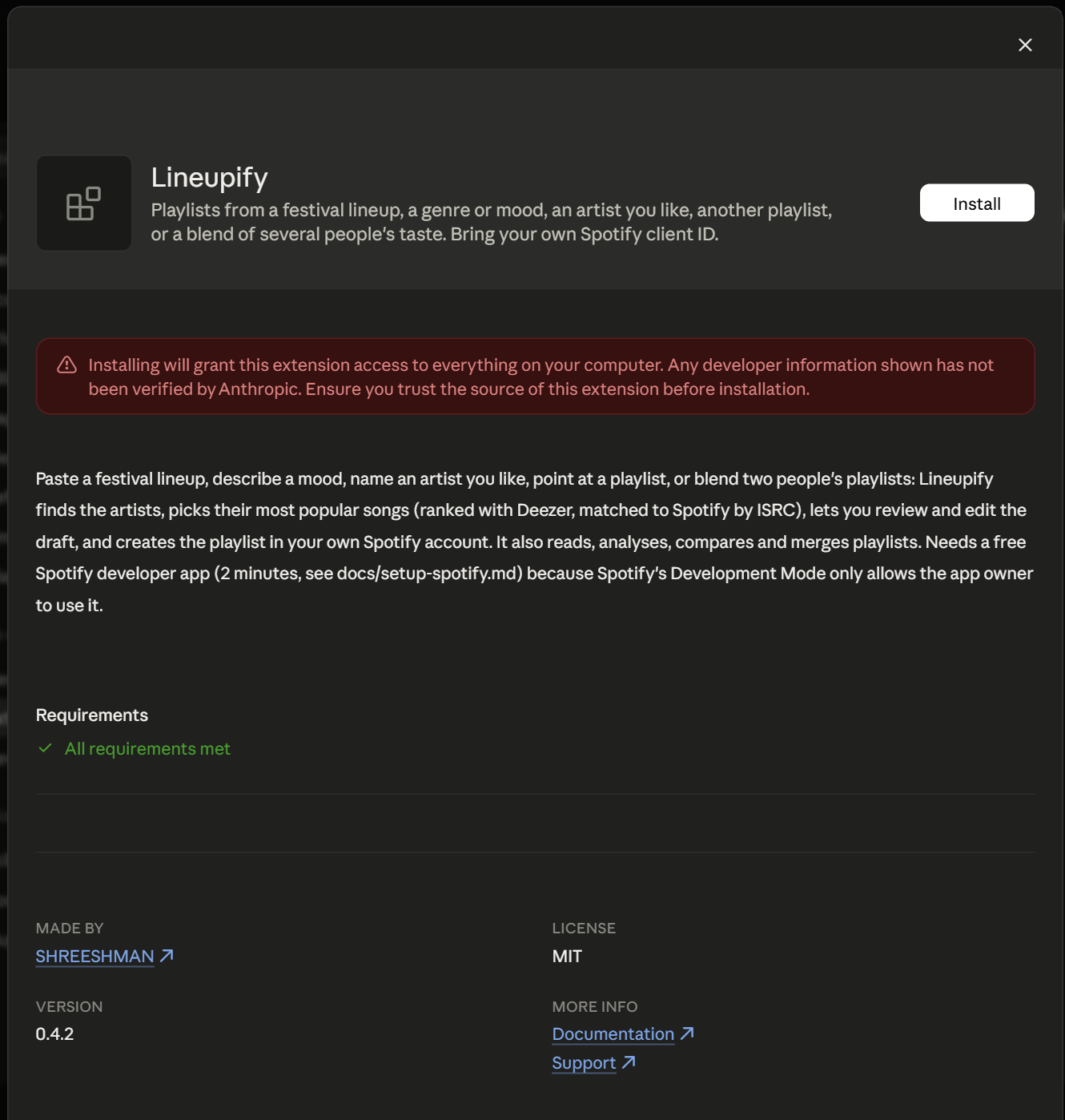 The install dialog for the Lineupify bundle, with Claude Desktop's standard warning that the extension is not verified by Anthropic, the version, MIT license and documentation links, and an Install button