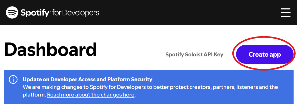 The Spotify for Developers dashboard with the Create app button circled