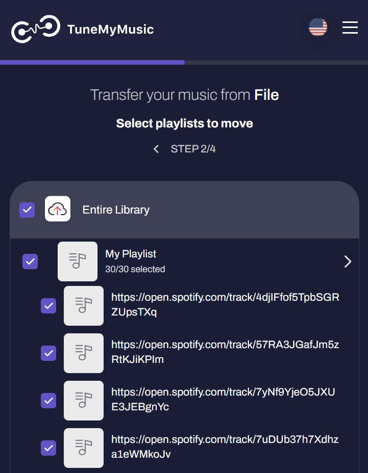 TuneMyMusic step 2 of 4: a playlist of 30 pasted track links, all selected, ready to move to a destination service