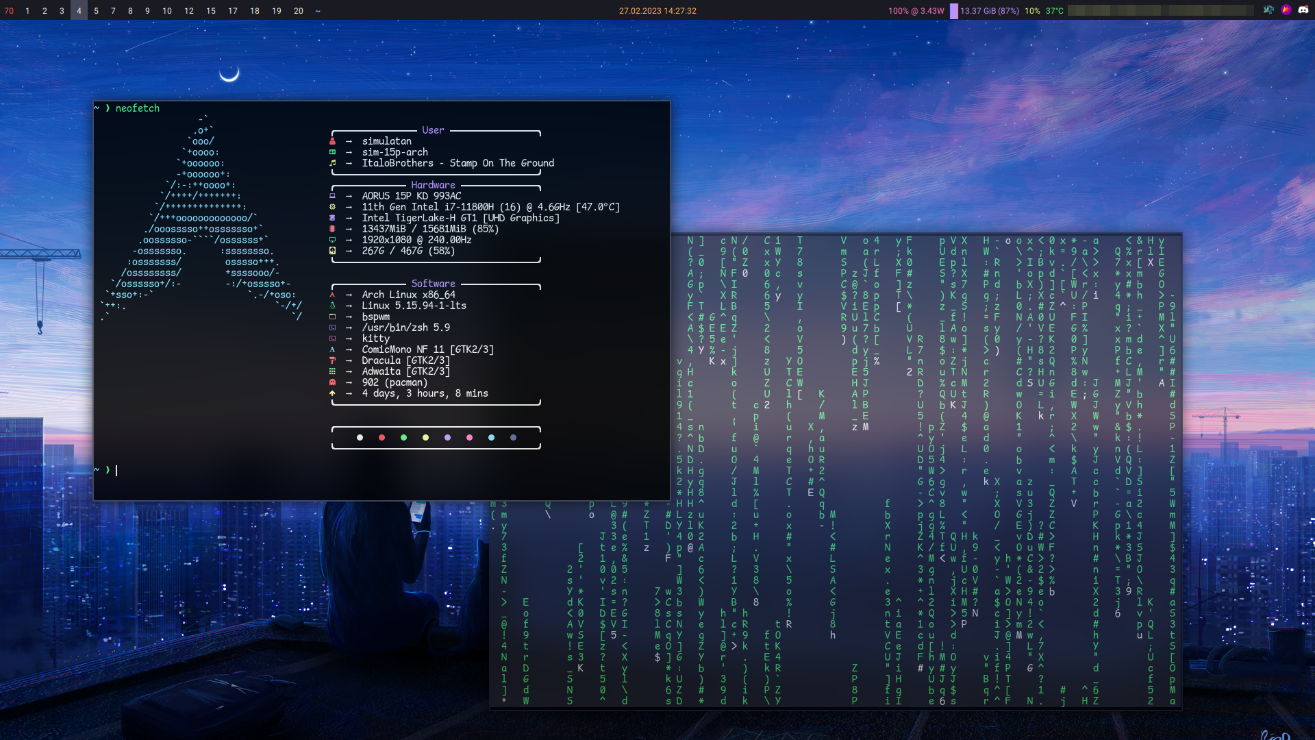 Desktop with neofetch, cmatrix, polybar, bspwm, dunst