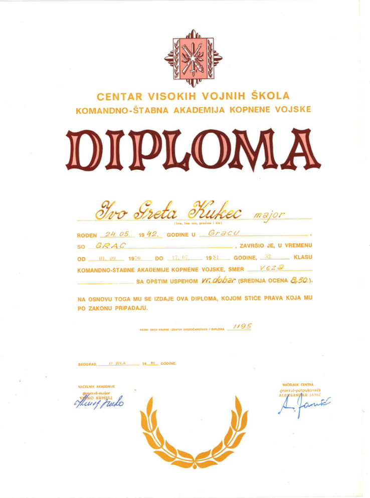 Diploma Kukca iz leta 1981.