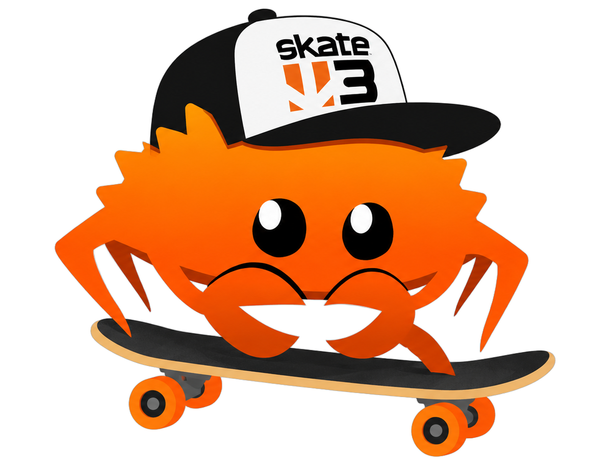 Rust crab riding a skateboard